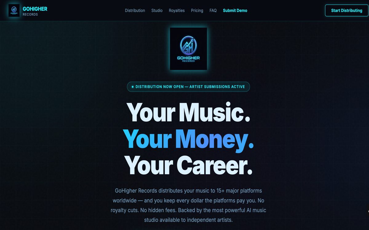 GoHigher Records homepage — Your music, your money, your career